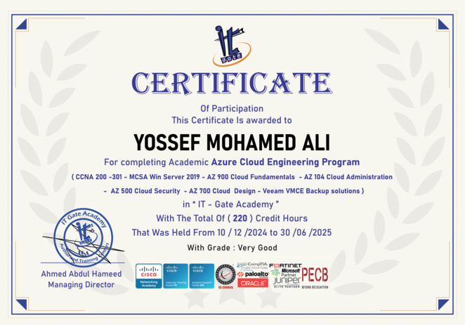 Preview of IT Gate Academy Academic Azure Cloud Engineering Program completion certificate